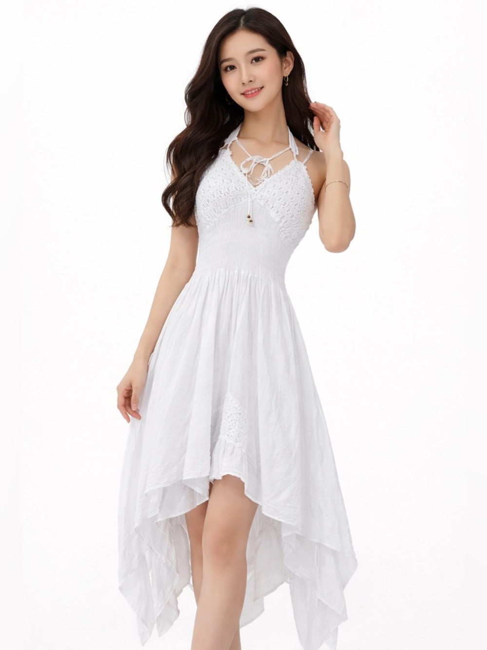 Cotton Collection White Halter Crochet Bodice Handkerchief Hem Dress.100% Cotton